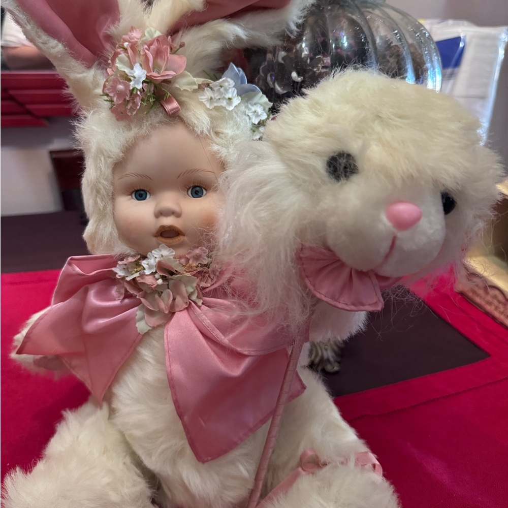 Pink and White Bunny Doll with Floral Accents